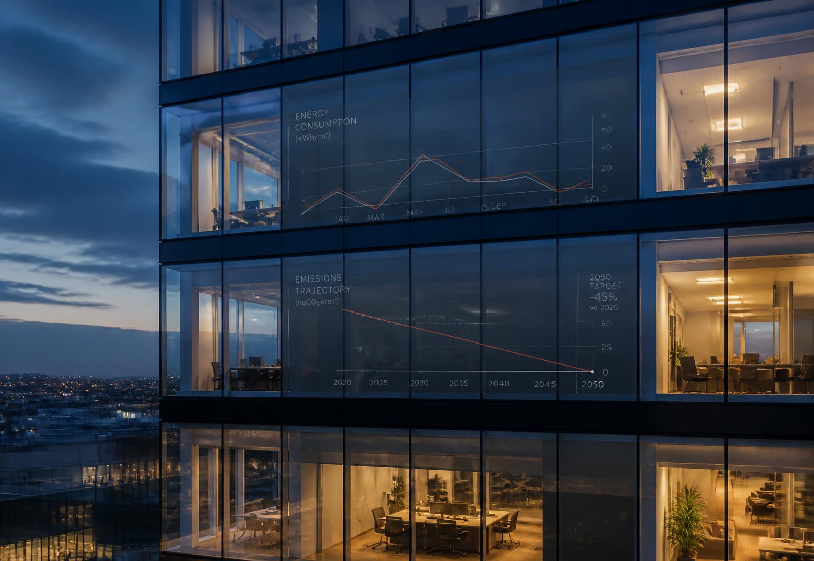 Fachada de un edificio corporativo contemporáneo al atardecer